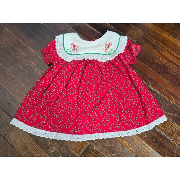 ❤️Vintage Rare Editions Red Holly Christmas Dress Cotton 6-9 Months - Picture 11 of 11